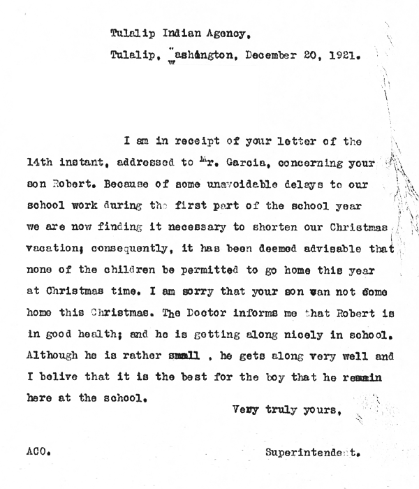 Tulalip Indian Agency letter