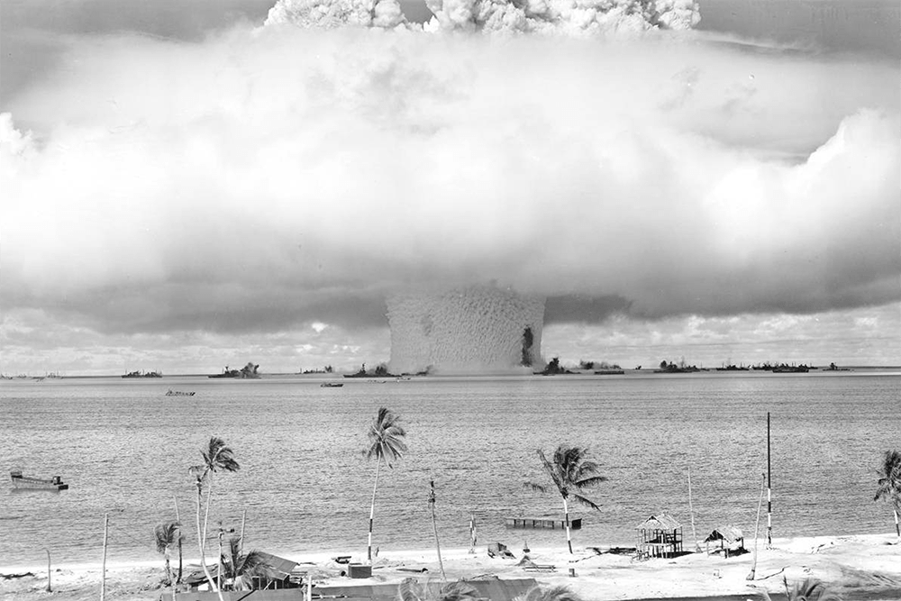 Operation Crossroads, Test Baker as seen from Bikini Atoll, July 25, 1946