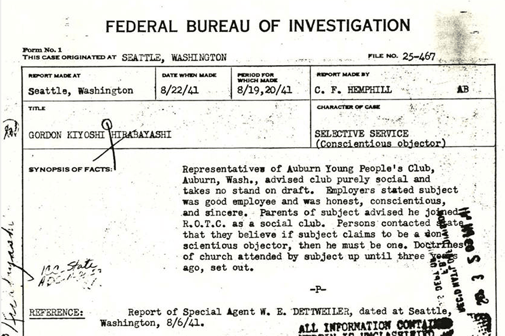 FBI Character Reference 25-467 on Gordon Hirabayashi regarding his status as a conscientious objector, August 22, 1941