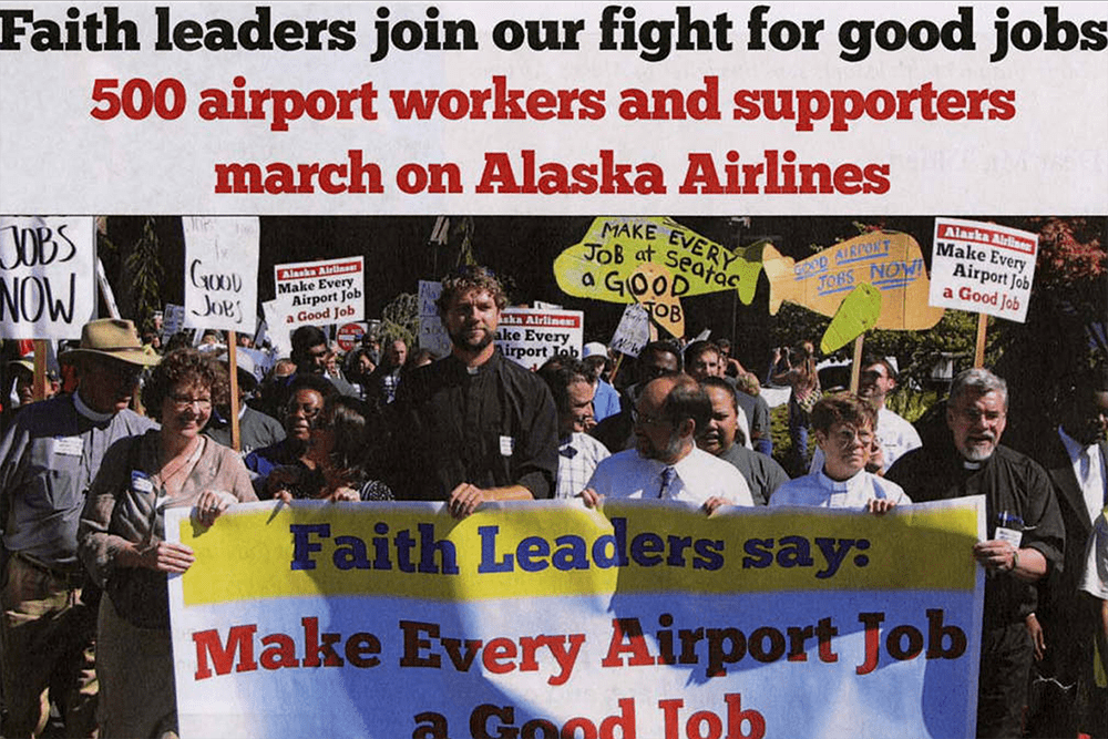 Airport workers gain the support of faith leaders in their campaign to make every airport job a good job flier, September 7, 2012