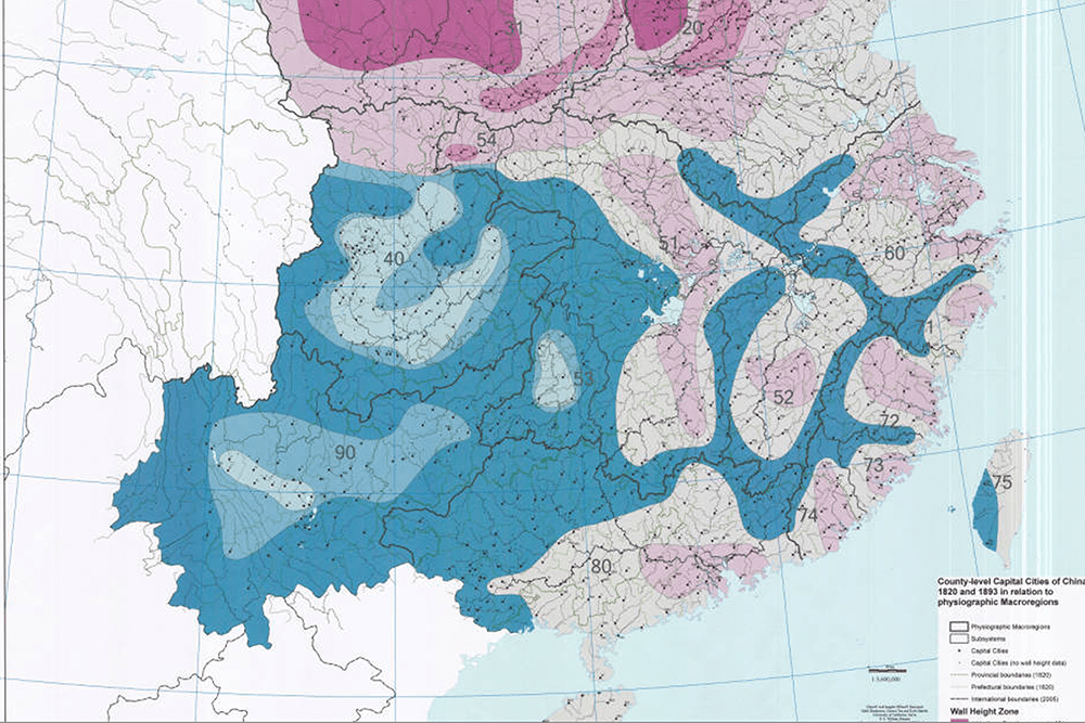 County-level Capital Cities of China, 1820 and 1893 in relation to physiographic Macroregions