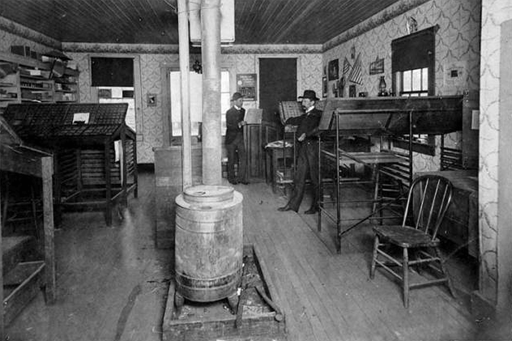 Interior of Island County Times office, Coupeville, 1903