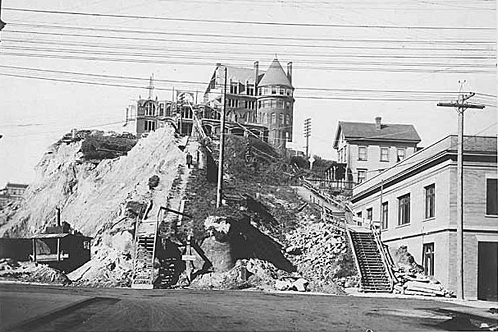 Washington Hotel demolition during the Denny Hill regrade, Seattle, ca. 1907