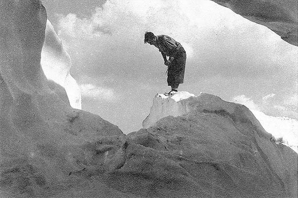 Hiker on an ice crevasse in Lyman Lakes country, n.d.