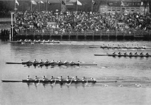 University of Washington varsity crew crossing the finish line and winning the gold in the men's eight event at the Berlin Olympics, Grünau on the Langer See, Germany, August 14, 1936